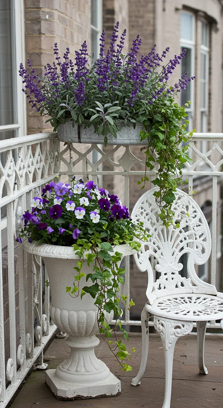 Wit gietijzeren meubilair met paarse salie en viooltjes op een balkon.