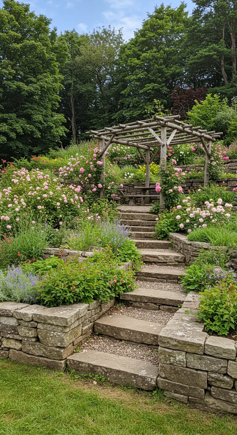 Lange, witte pergola met vierkante pilaren, begroeid met gele rozen, leidend naar een standbeeld.