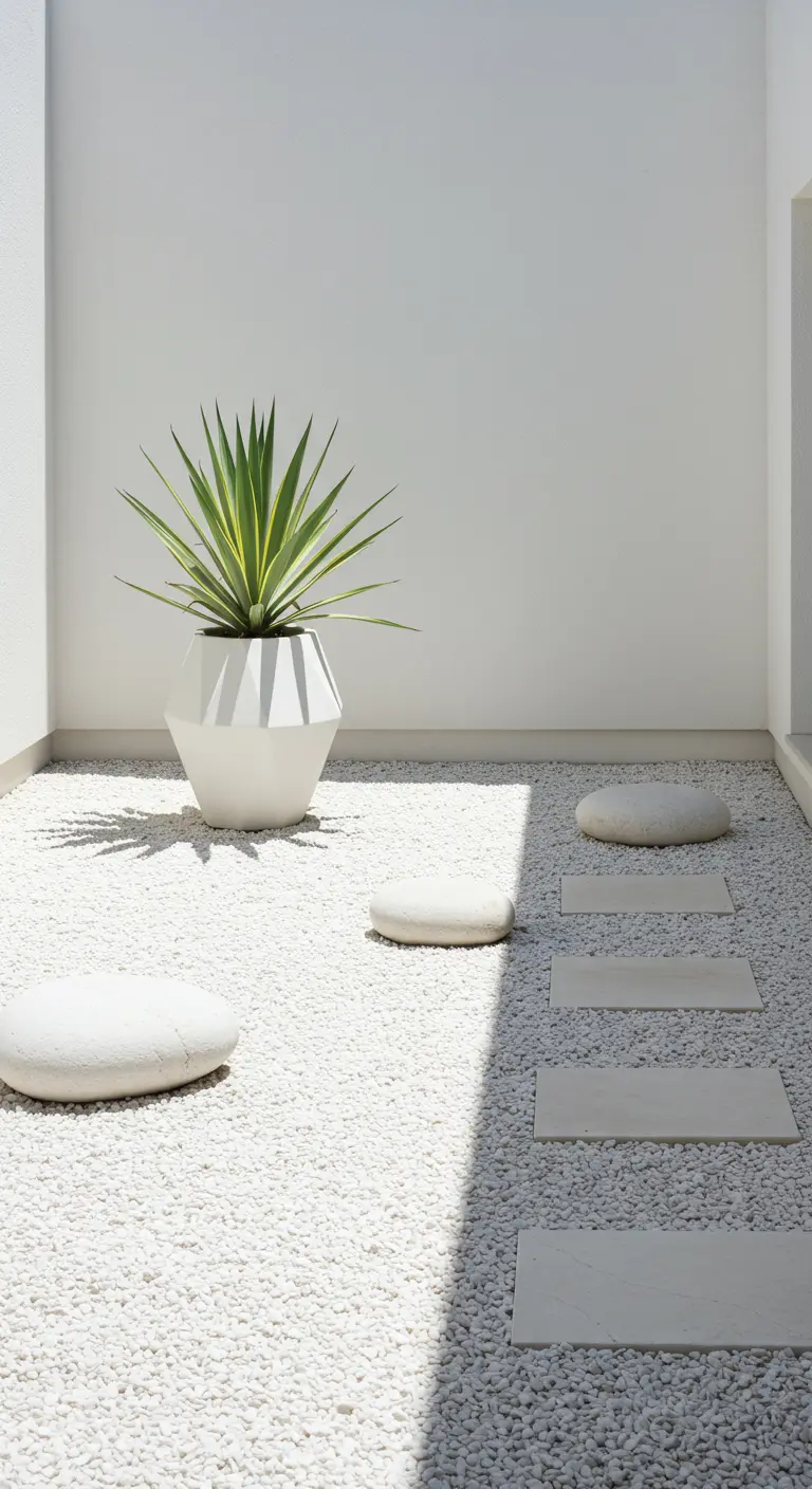 Witte grindtuin met ronde en rechthoekige stapstenen en grote spiky plant in pot.