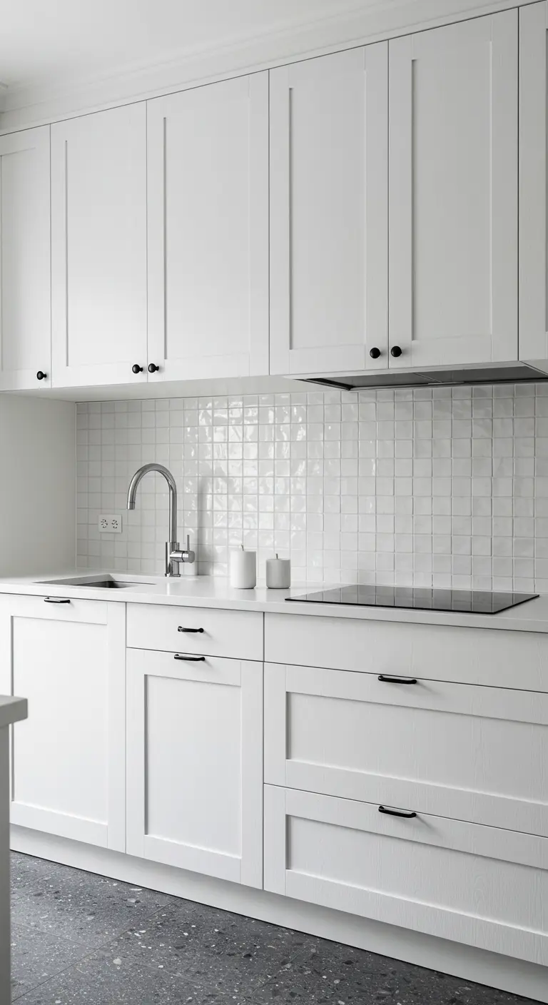 Volledig witte keuken met glanzende vierkante tegels en zwarte handgrepen als contrast.