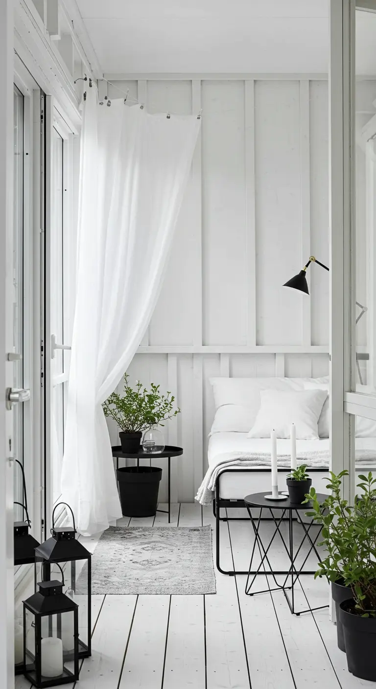 Licht, wit balkon ingericht als slaapplek met witte muren, bed en gordijnen en zwarte accenten.