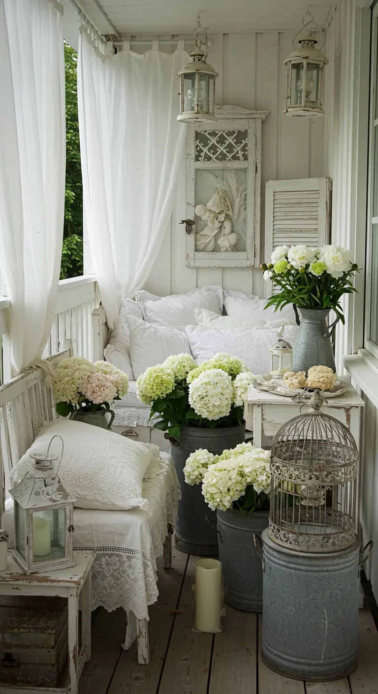 Witte shabby chic balkon met hortensia's, zinken emmers, lantaarns en kanten stoffen.