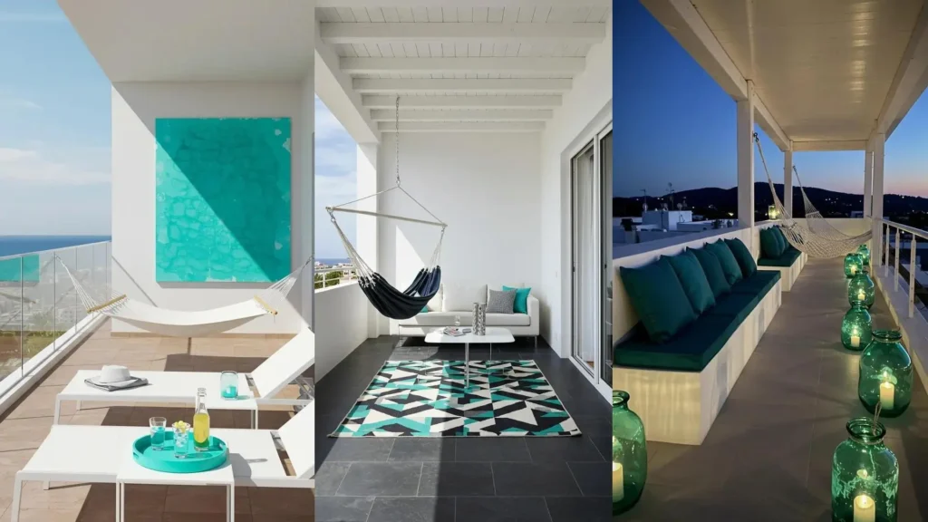 Diverse balkons met witte meubels, turquoise details en hangmatten creëren een relaxte Ibiza sfeer.