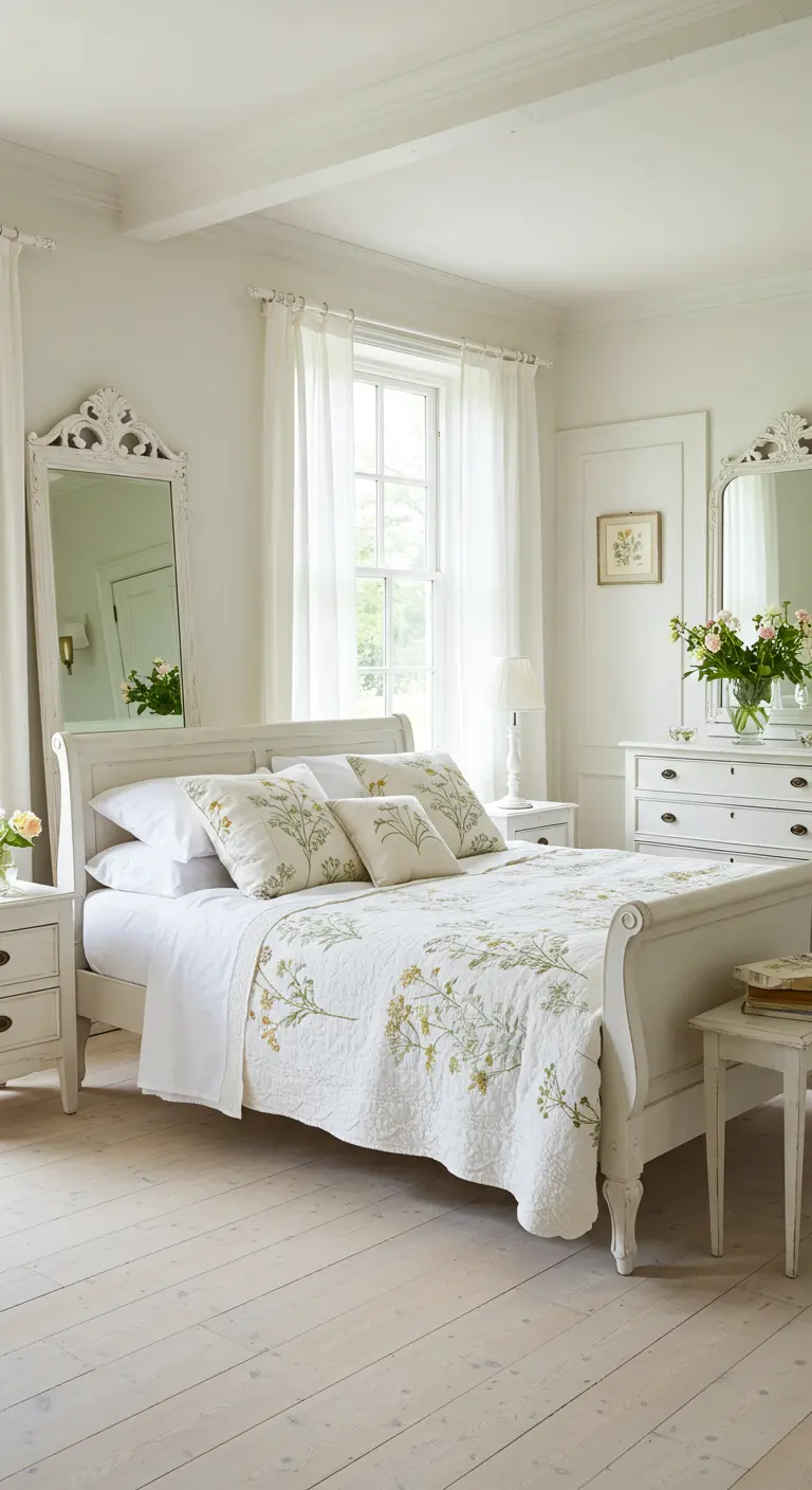 Volledig witte landelijke slaapkamer met sleebed, groen geborduurd dekbed, en sierlijke spiegels.