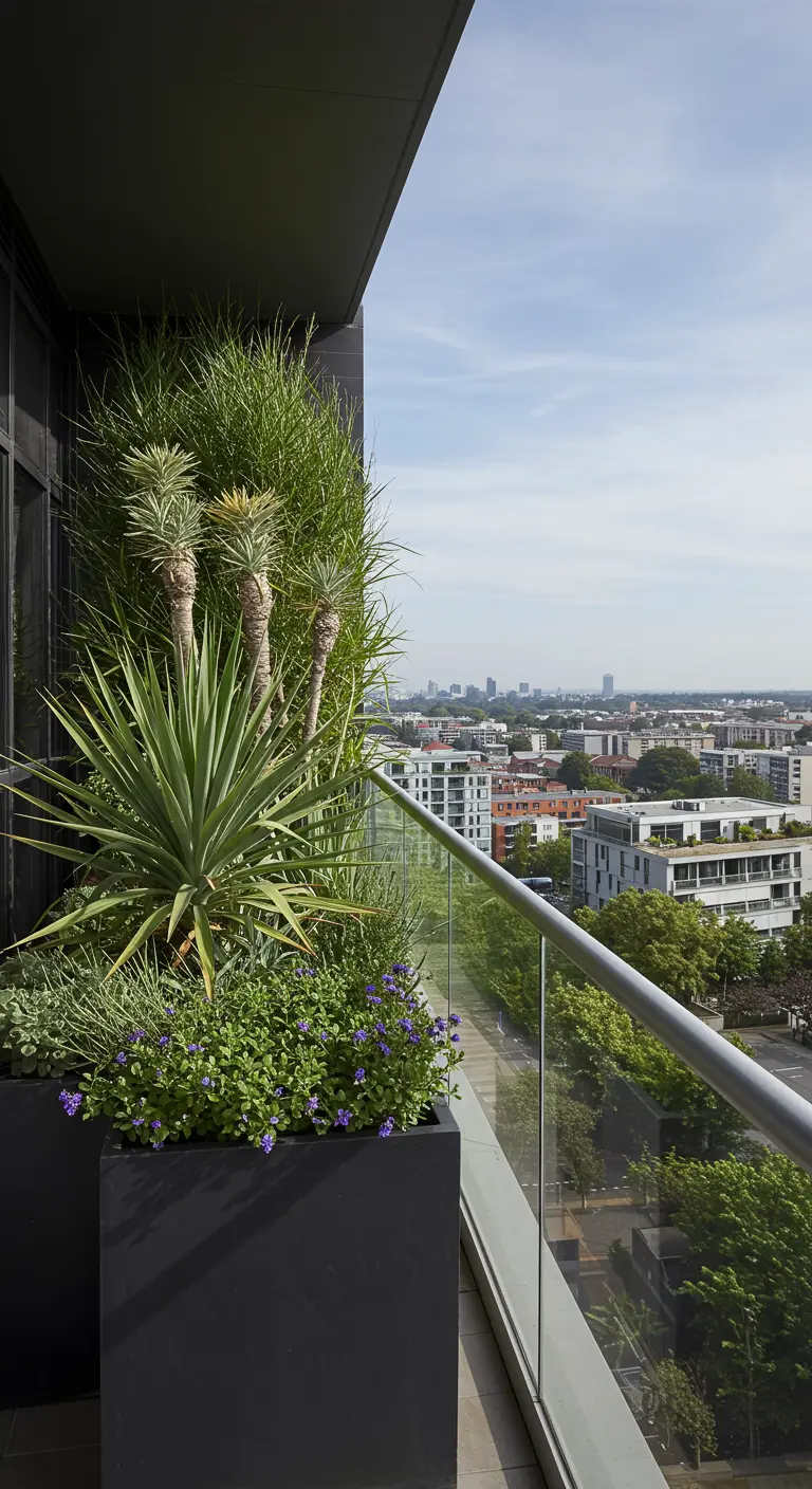 Modern balkon met uitzicht, met strakke bakken vol Yucca's en paarse bloemen.