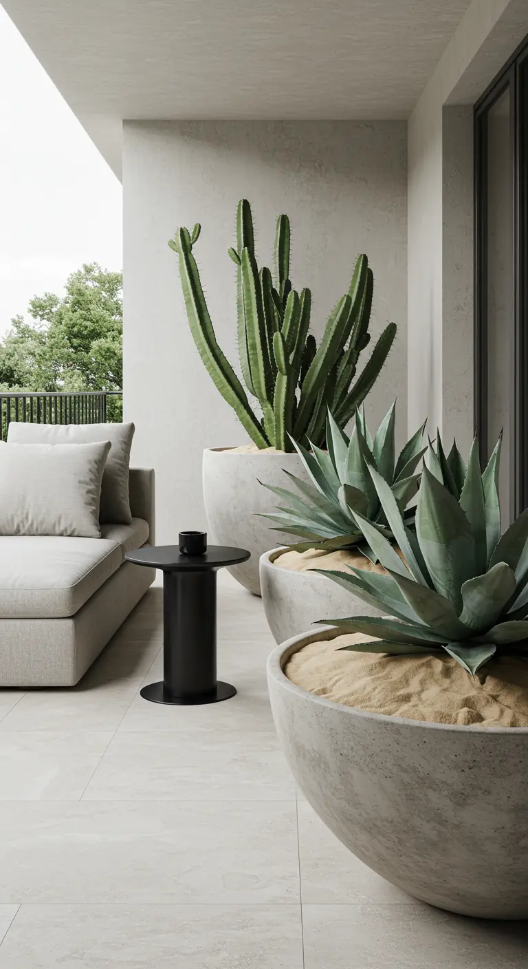 Lichte loungehoek met grote betonnen plantenbakken met zand en agaves.
