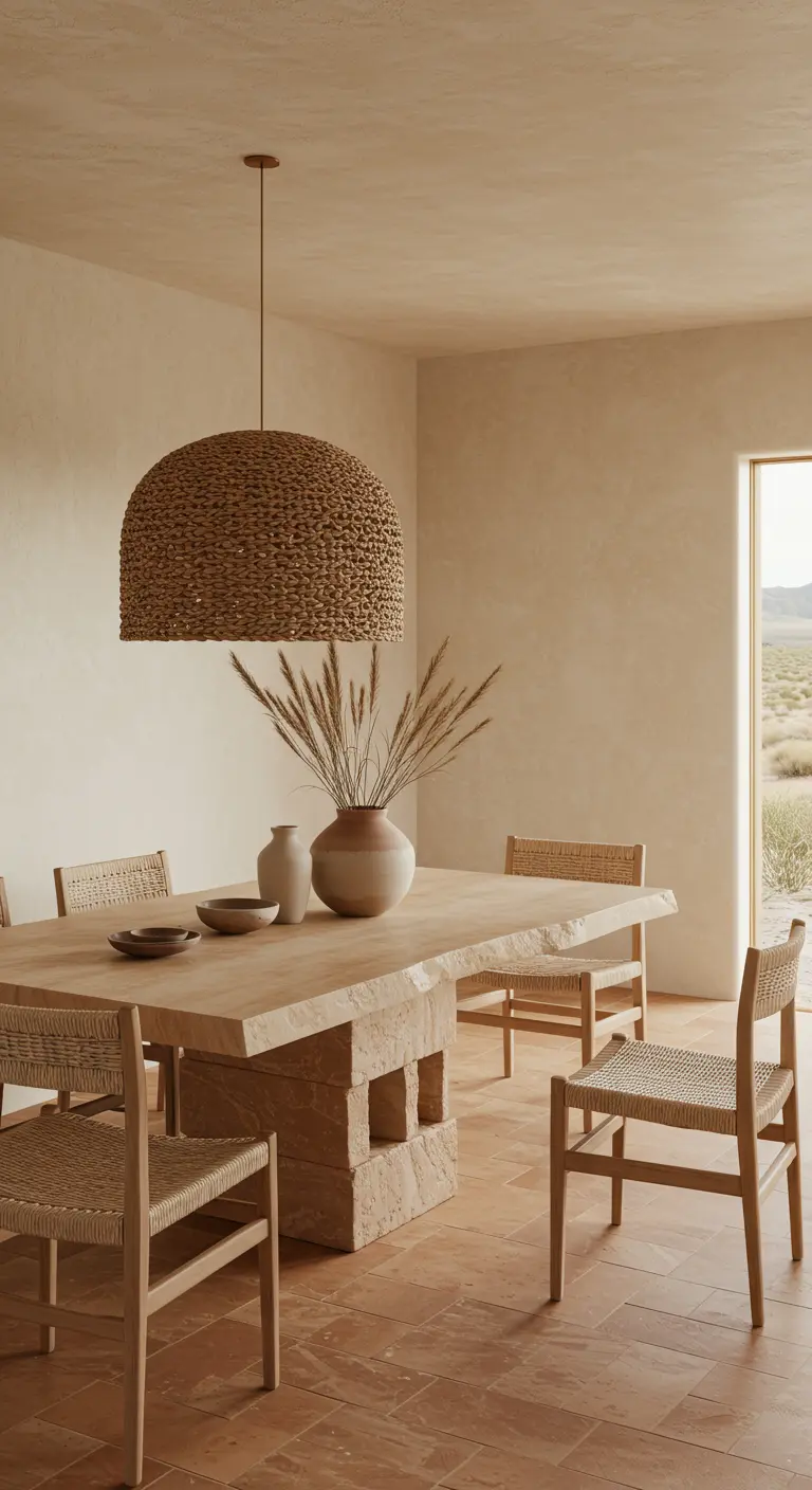 Woestijn-geïnspireerde eetkamer met lichte stenen tafel, rieten stoelen en grote geweven lamp.