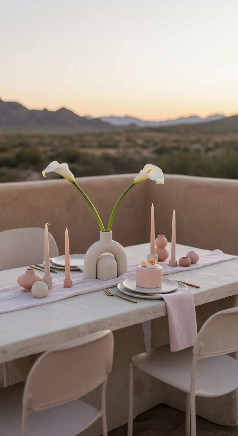 Tafel in de woestijn met zachtroze decor, een sculpturale vaas en witte calla lelies.