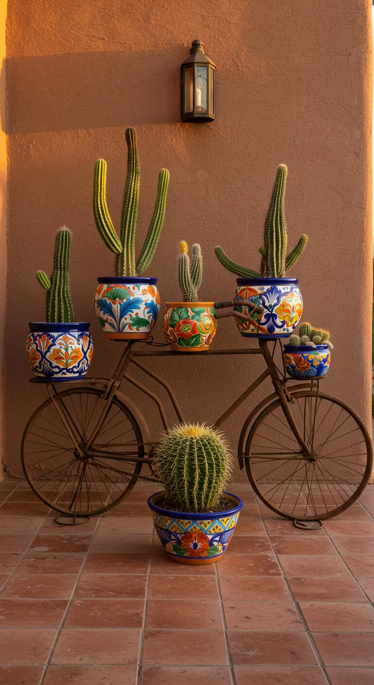 Verroest fietsframe dient als standaard voor zes kleurrijke potten met diverse cactussen erop.