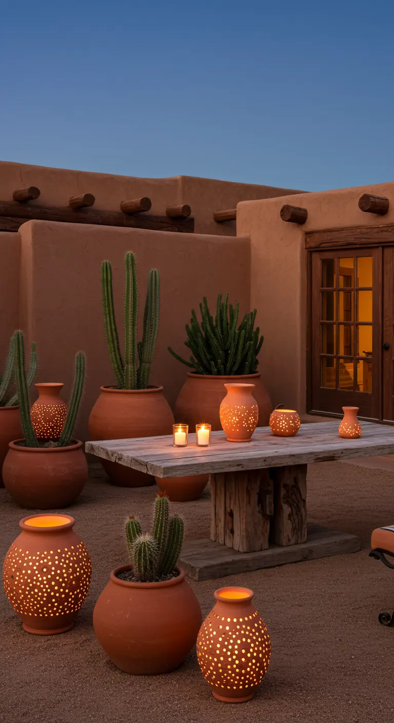 Terras in woestijnstijl met cactussen in terracotta potten en geperforeerde lantaarns.