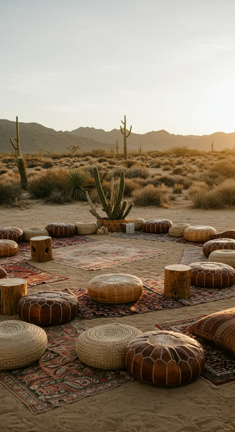 Bohemian ceremonie-opstelling in de woestijn met tapijten, poefs en cactussen.
