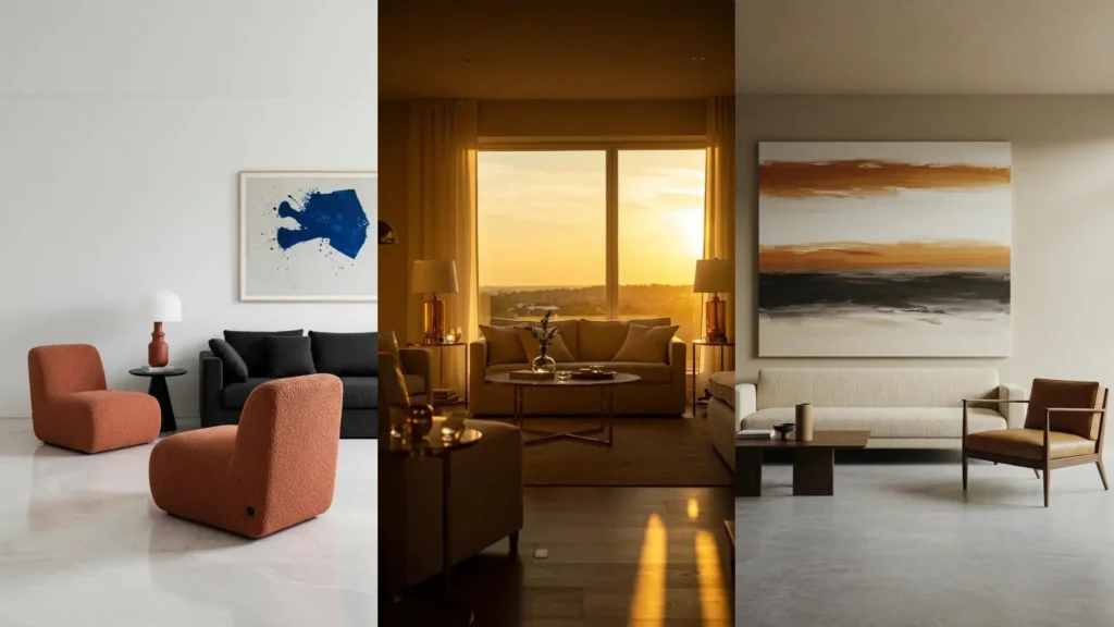 Inspiratie voor warme woonkamers: drie interieurs met woestijnkleuren, waaronder terracotta en zonsondergangtinten.