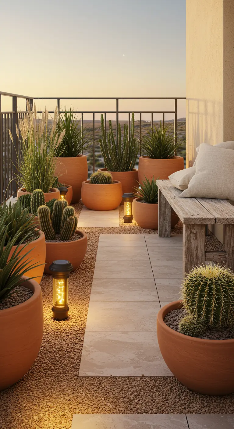 Dakterras met grindpaden, grote terracotta potten met cactussen en siergrassen, en kleine lantaarns.