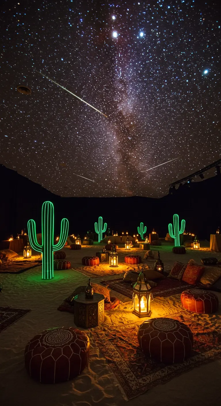 Woestijnsetting met zand, kussens, lantaarns en oplichtende cactussen.