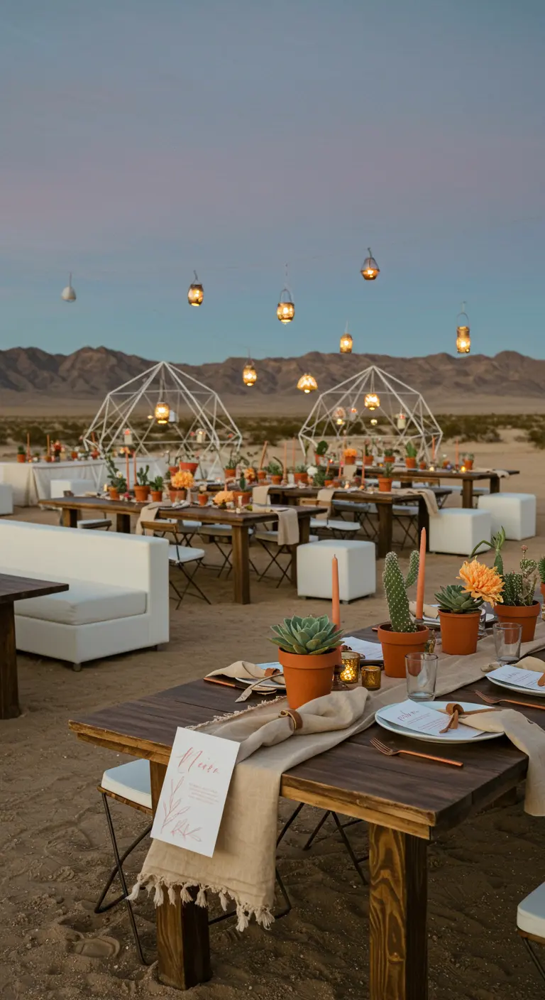 Desert wedding with long tables, succulents, terracotta pots, and geodomes.