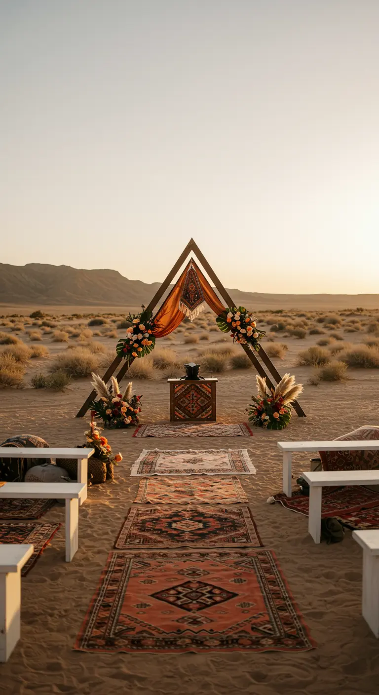 Ceremonie-opstelling in de woestijn met een A-frame backdrop en Perzische tapijten.