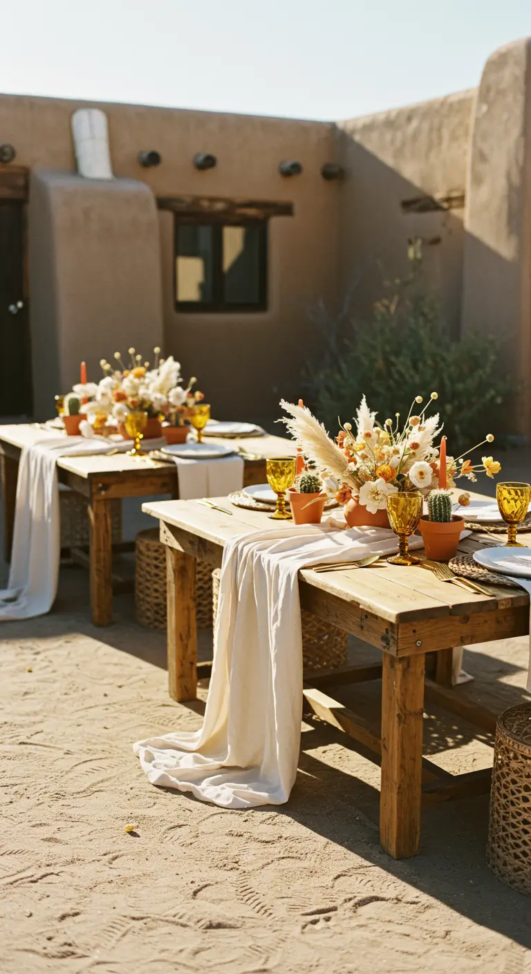 Tafelsetting in de buitenlucht met droogbloemen, cactussen, eucalyptus en amberkleurig glas.
