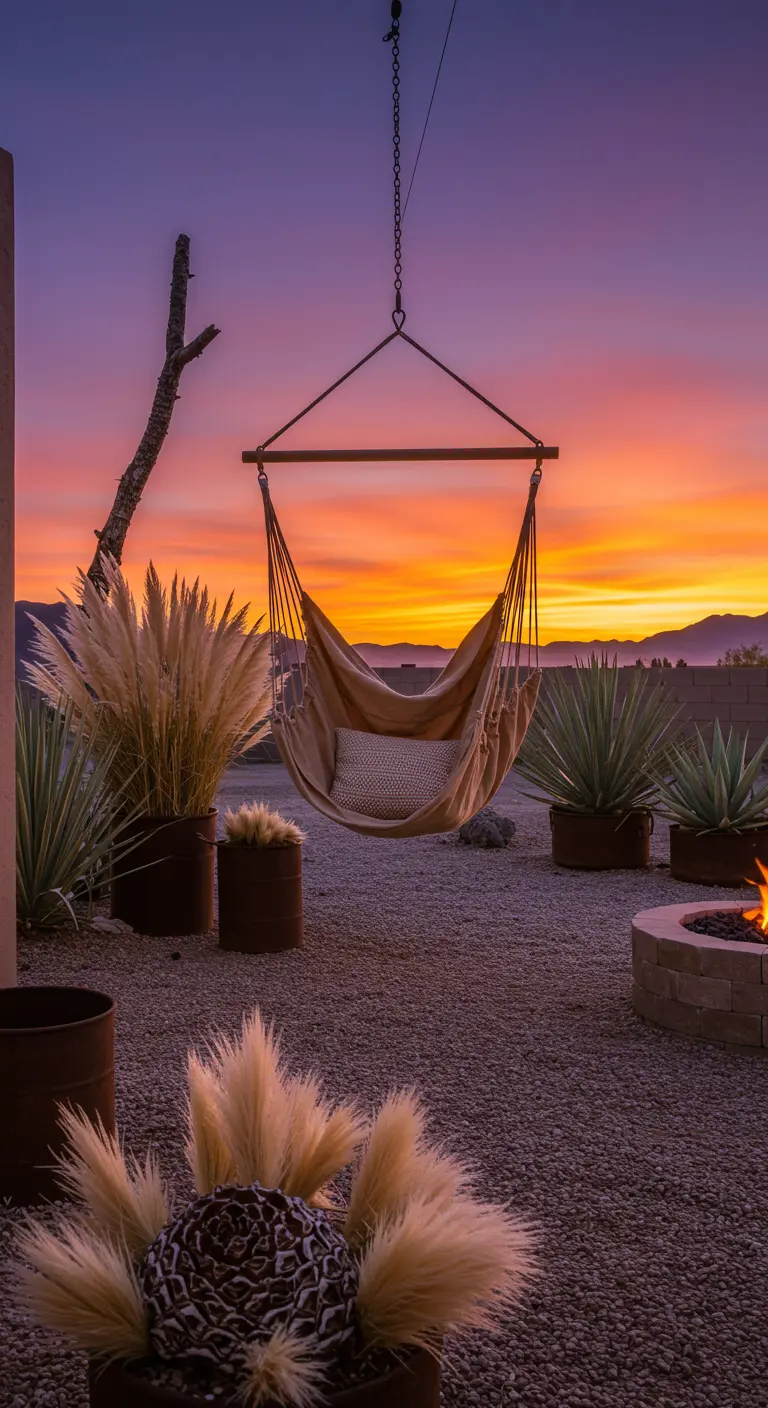 Hangmatstoel in een tuin met grind en pampasgras, bij een vuurkorf tijdens zonsondergang.