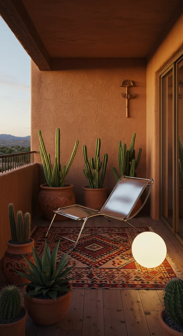 Balkon in woestijnstijl met terracotta muren, veel cactussen en een kelim-tapijt.