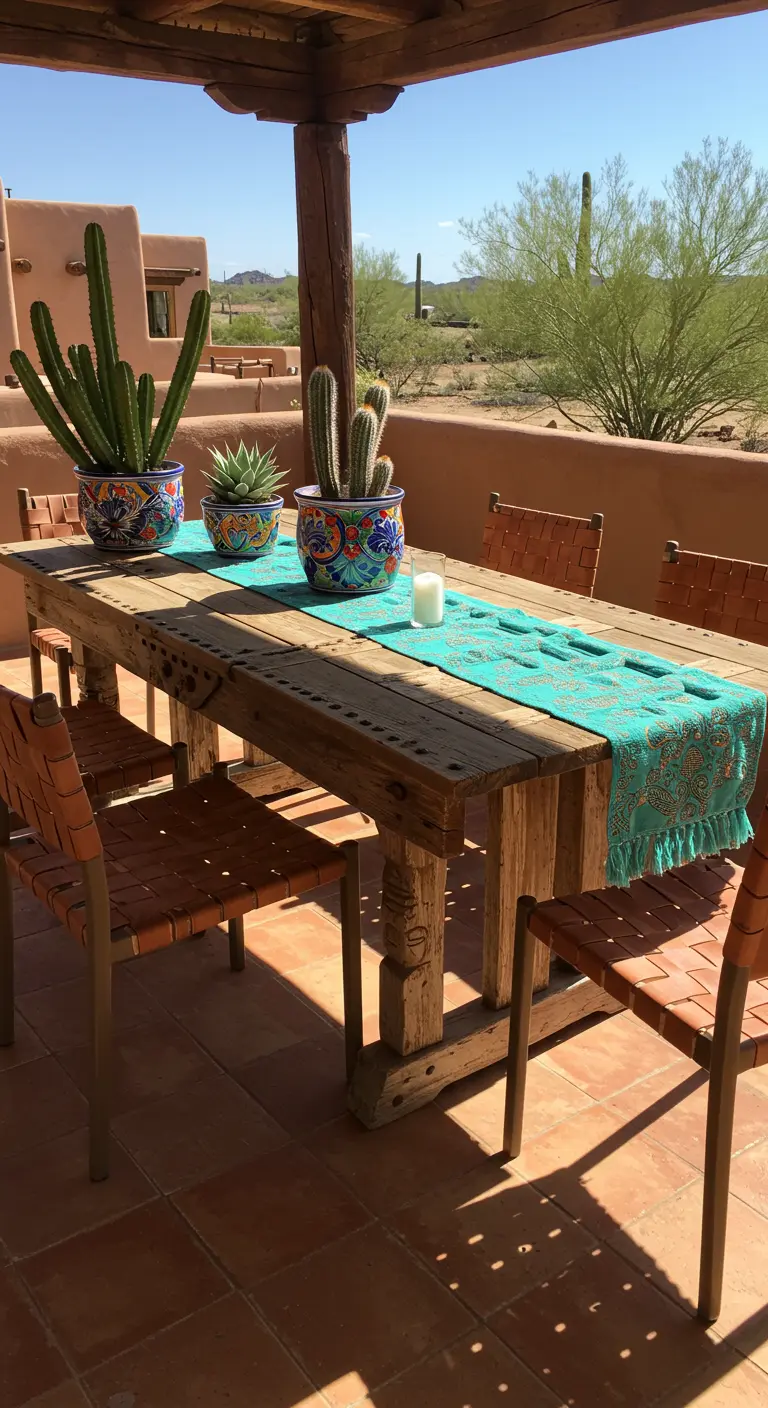 Massieve houten tafel van een oude deur op een terras met terracotta tegels en cactussen.