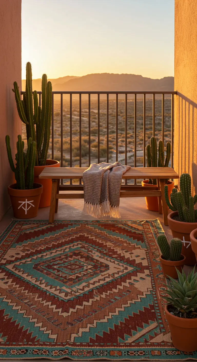 Balkon in woestijnstijl met kelim-vloerkleed, cactussen en uitzicht op bergen bij zonsondergang.