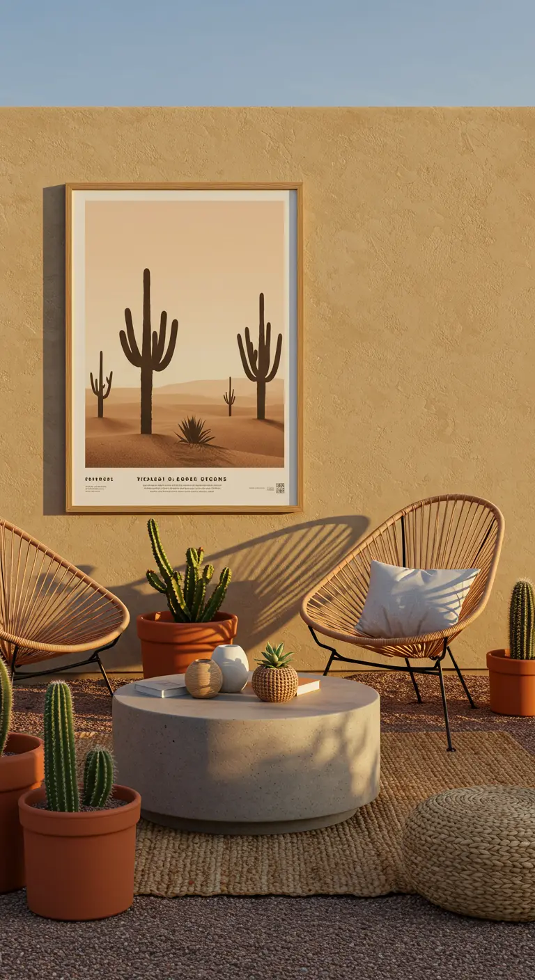 Terras met zandkleurige muur, rotan stoelen en een poster van een woestijnlandschap.