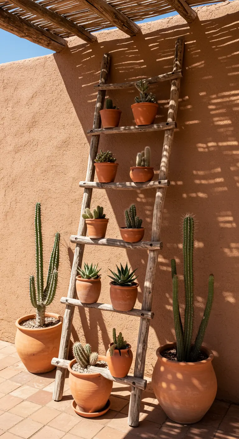 Houten ladder met cactussen en vetplanten in terracotta potten tegen een oranjebruine muur.