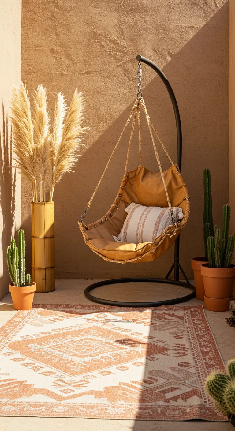 Terrashoek in woestijnstijl met een leren hangstoel, pampasgras en cactussen.