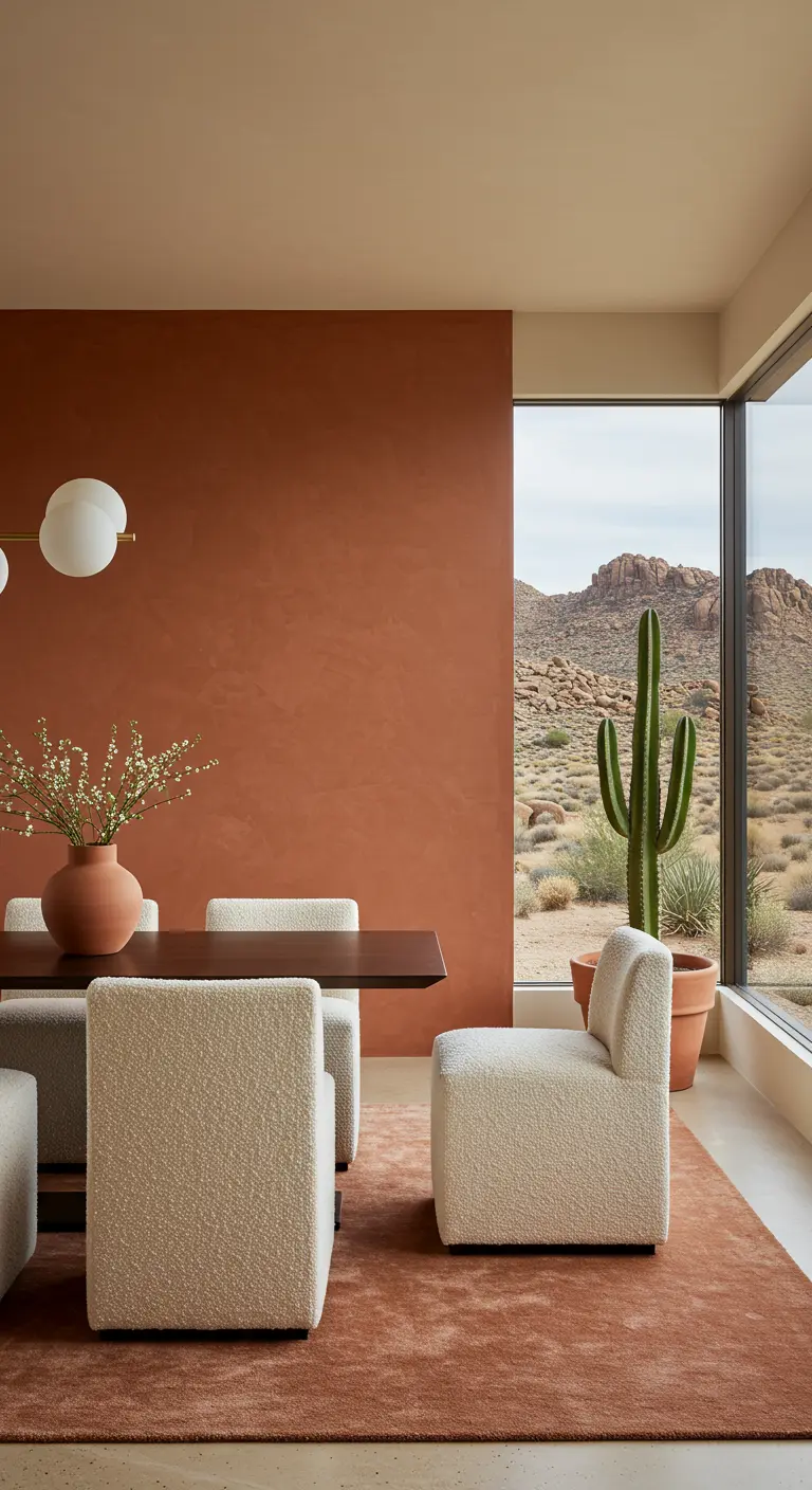 Moderne eetkamer met terracotta muur, zachte bouclé stoelen en uitzicht op een woestijnlandschap.