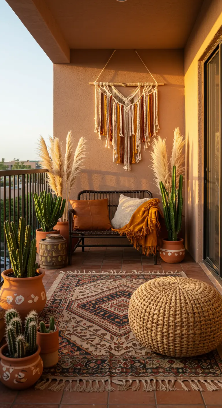Balkon in woestijnstijl met cactussen, terracotta potten en een kleurrijk macramé-kleed.