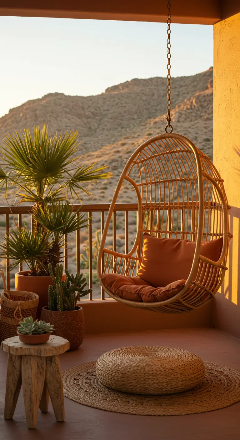 Rotan hangstoel met terracotta kussens op een balkon met uitzicht op een heuvelachtig, droog landschap.