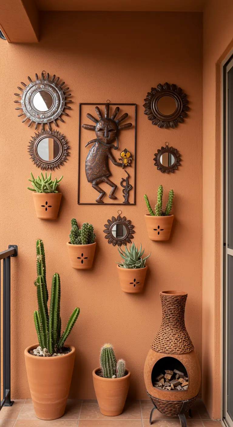 Terracotta muur met metalen zonnedecoratie, spiegels en hangende potten met cactussen.