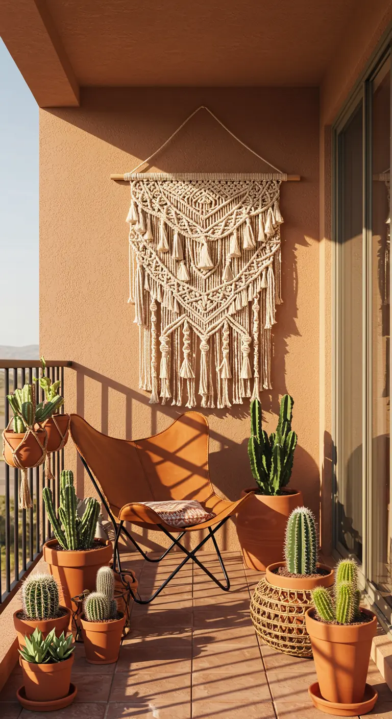 Balkon met terracotta muur, macramé wandkleed, cactussen en een bruine vlinderstoel.