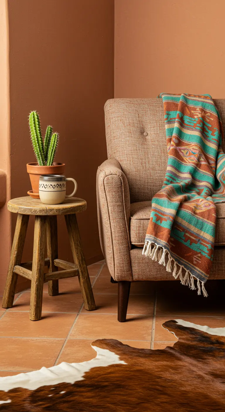 Zithoek in Southwestern-stijl met terracotta muren, een patterned deken en een cactus.