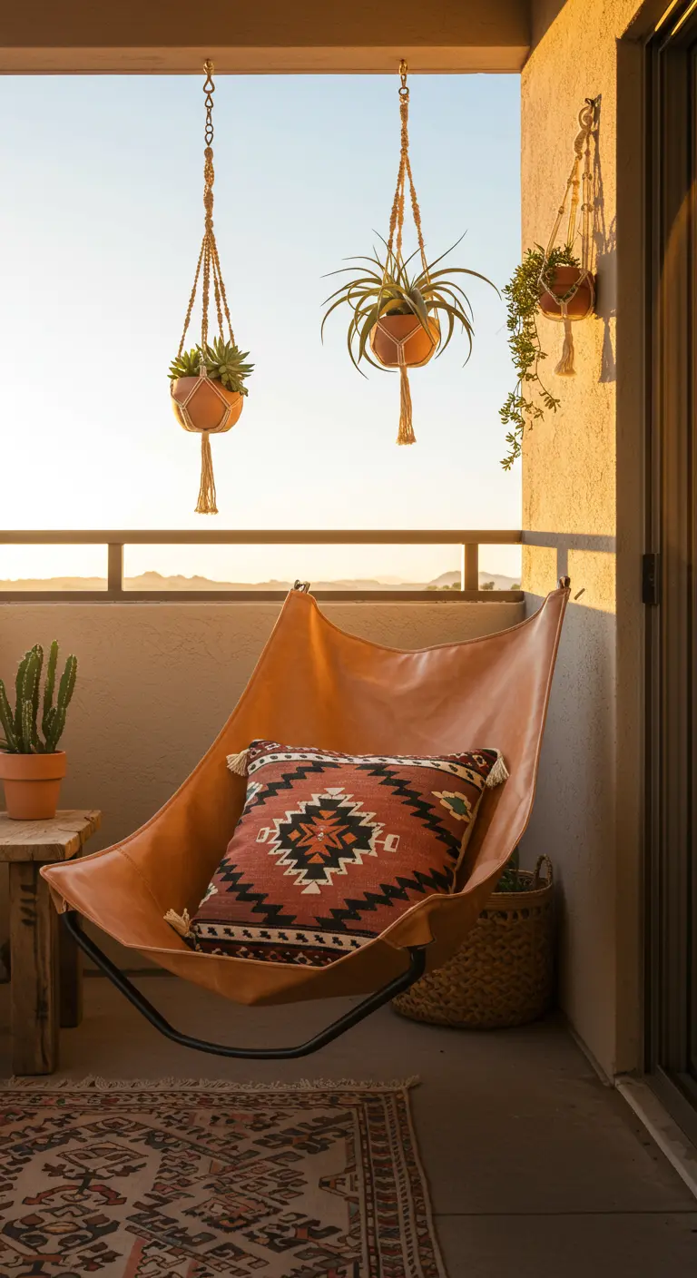 Leren hangstoel met een kussen met Aztekenprint, hangend op een balkon in de warme avondzon.
