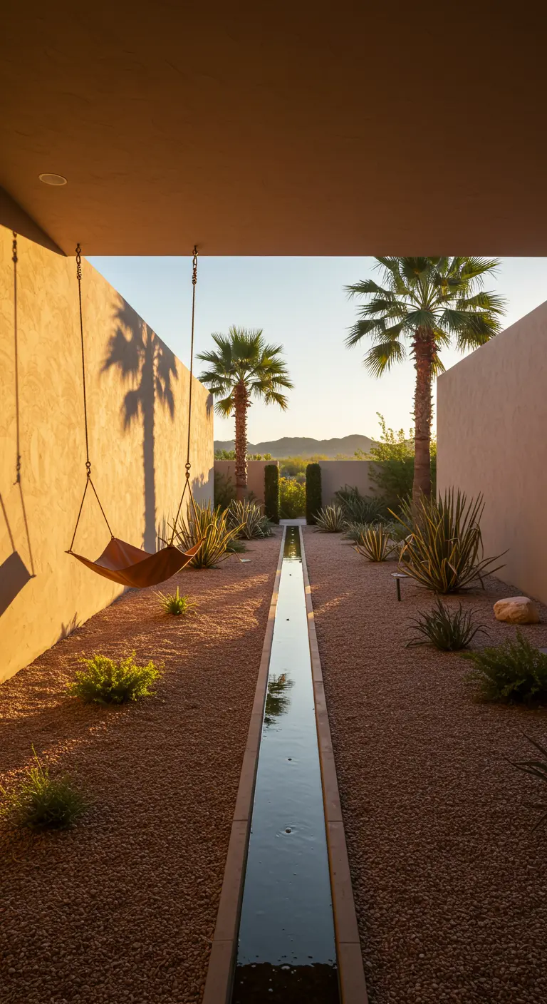 Leren hangschommel in een strakke, minimalistische tuin met een lange waterpartij en palmbomen.