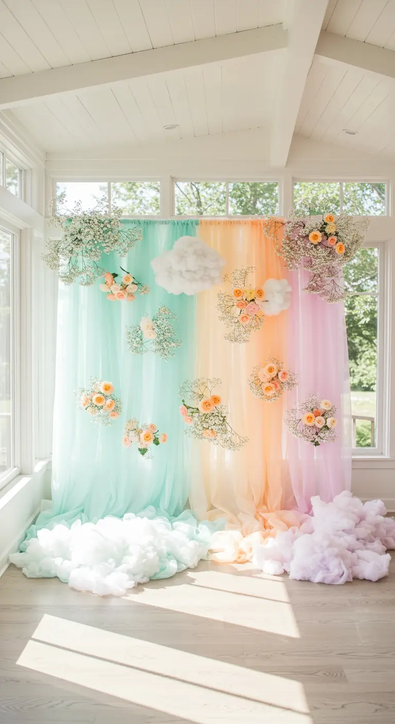 Regenboog van pastelkleurige tule met zwevende bloemen en wolken.