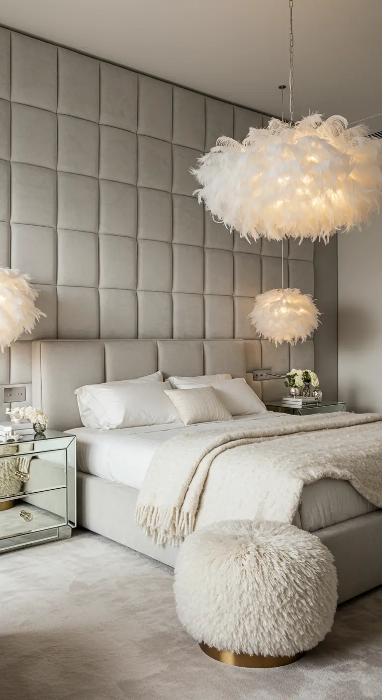 Luxe slaapkamer met een gewatteerde wand en grote, witte verenlampen die als wolken hangen.