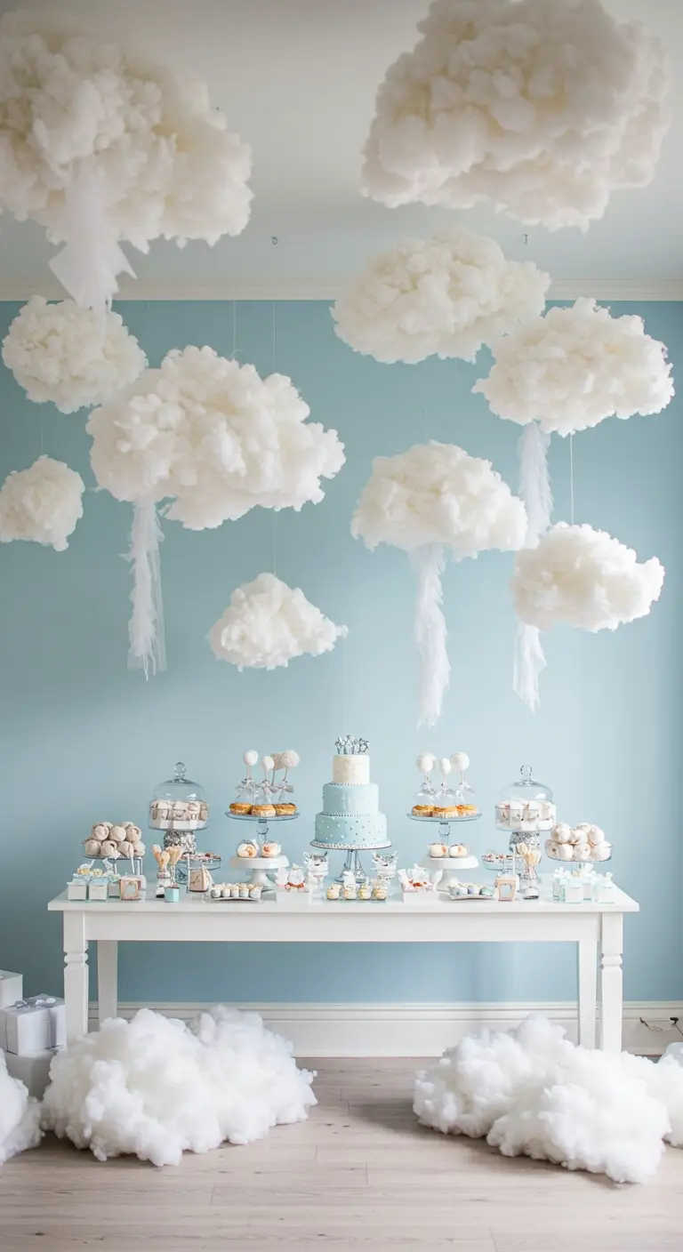 Witte, donzige wolken van watten hangen boven een blauw-witte desserttafel.