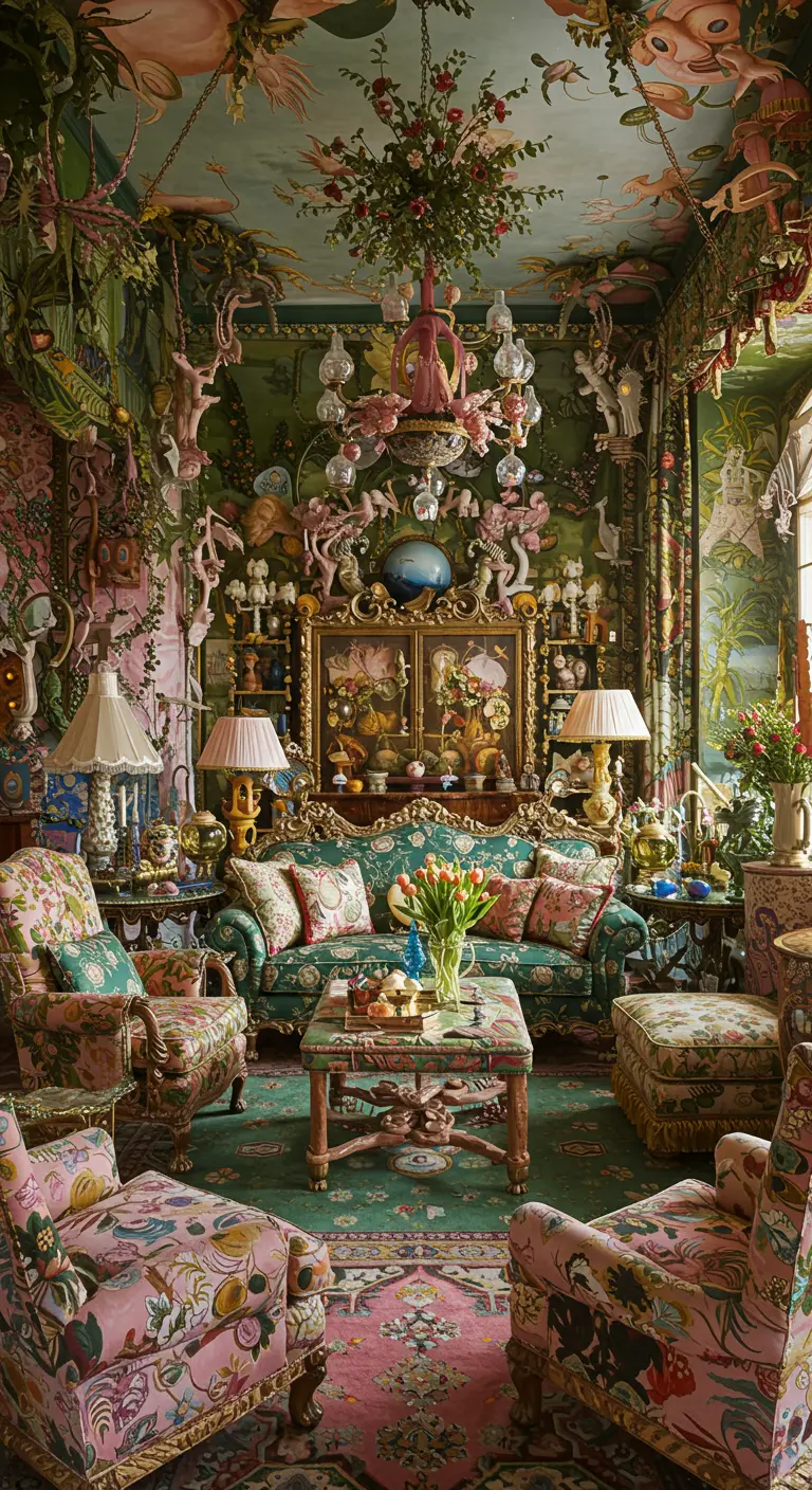 Maximalistische woonkamer met weelderige bloemenprints, gouden details en overdadige decoratie
