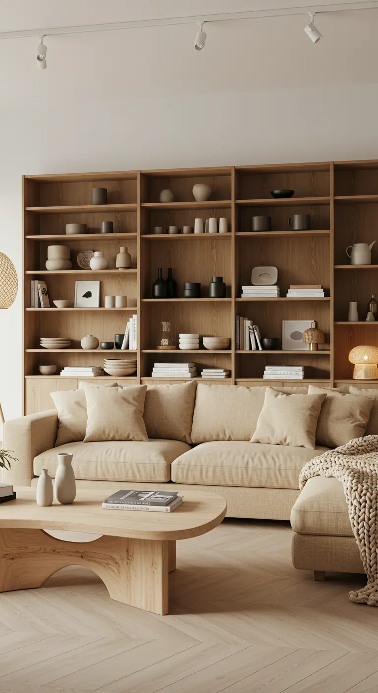 Woonkamer met wandvullende boekenkast, beige bank en houten salontafel.