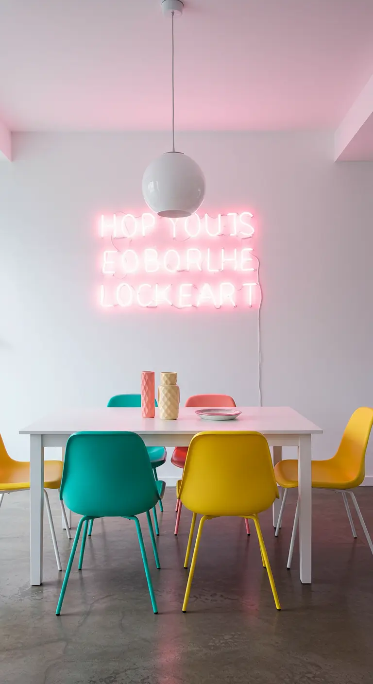 Moderne eetkamer met een roze neon-tekst aan de muur en kleurrijke stoelen.