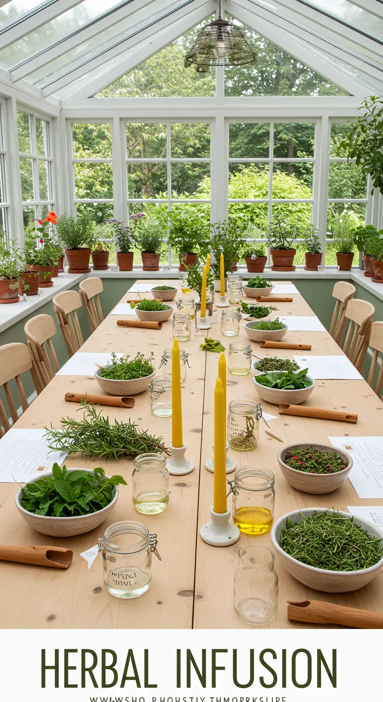 Lange tafel in een kas, gedekt voor een kruidenworkshop.