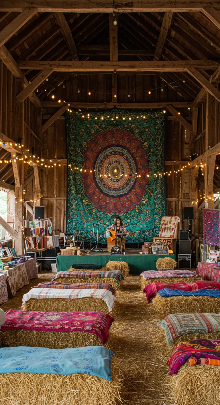 Groot, kleurrijk mandala wandkleed in een schuur met slingerverlichting en hooibalen als zitplaatsen.