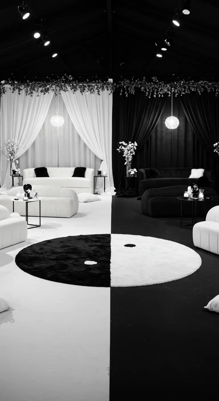 Lounge-ruimte die is opgedeeld in een zwarte en een witte helft, met een yin-yang tapijt.
