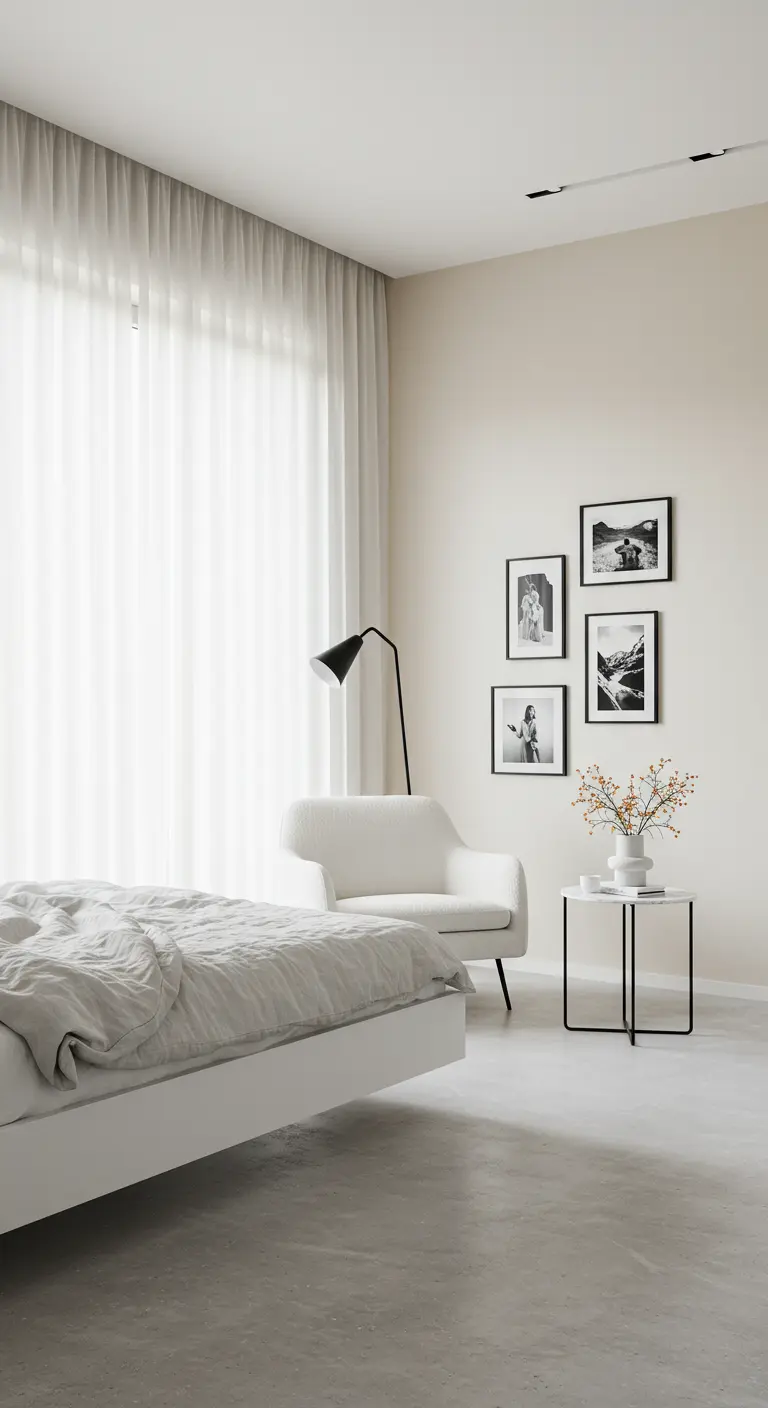 Zachte slaapkamer met beige muren, transparante gordijnen en een gallery wall van zwart-wit foto's.
