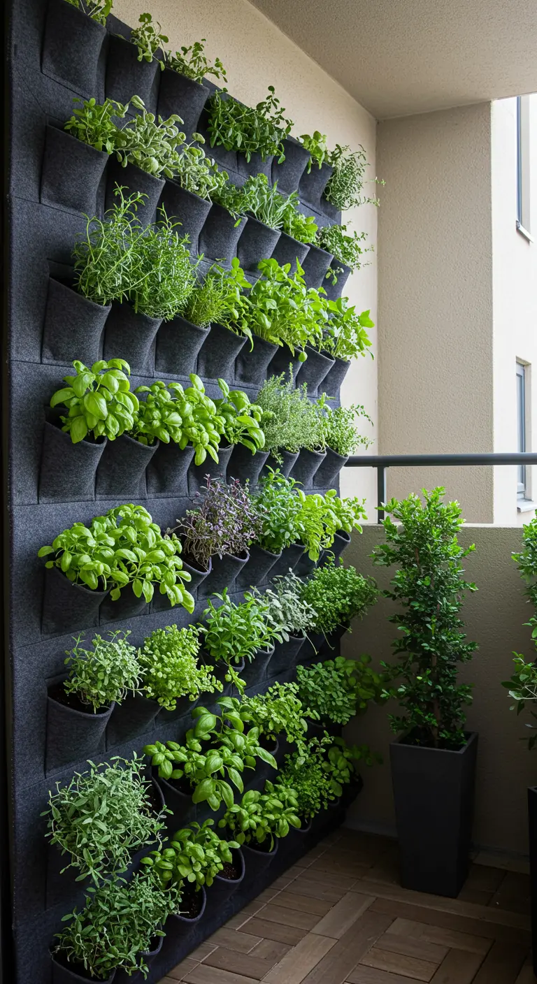 Grote, grijze vilten plantenzak aan een muur, met tientallen vakjes gevuld met kruiden.