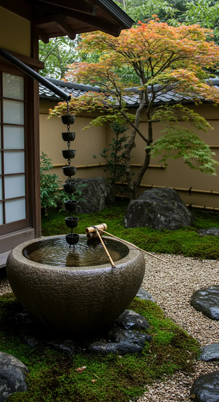 Japanse regenketting die water leidt in een stenen kom in een zentuin.