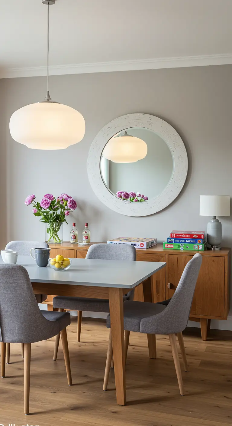 Grijze eethoek met een houten dressoir, een grote ronde witte spiegel en een bolvormige hanglamp.