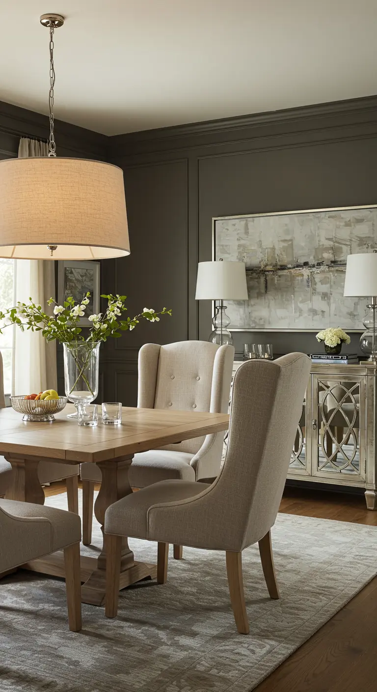 Elegante eetkamer met grijze muren, linnen stoelen en een grote crèmekleurige lampenkap.
